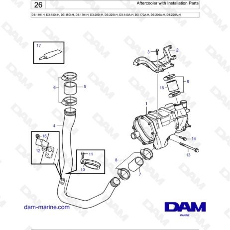 Volvo Penta D3-110I-H / D3-140I-H / D3-150I-H / D3-170I-H / D3-200I-H / D3-220I-H - Aftercooler with Installation Parts