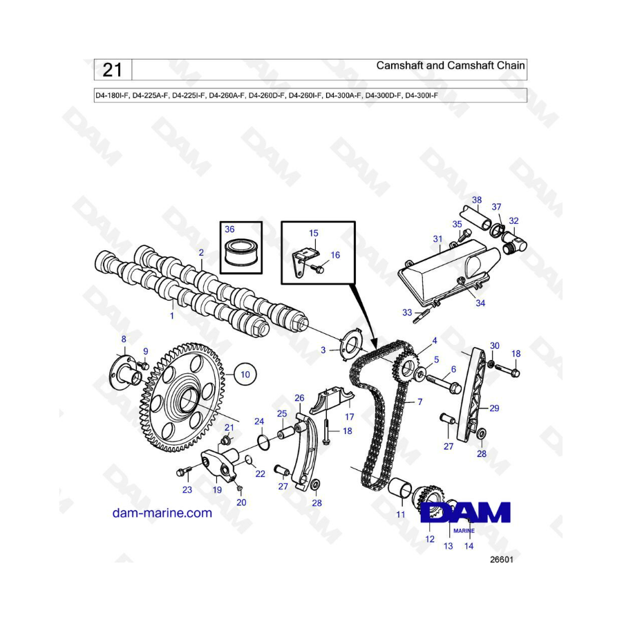 Volvo Penta D4-180 / D4-225 / D4-260 / D4-300 - Árbol de levas y cadena de árbol de levas