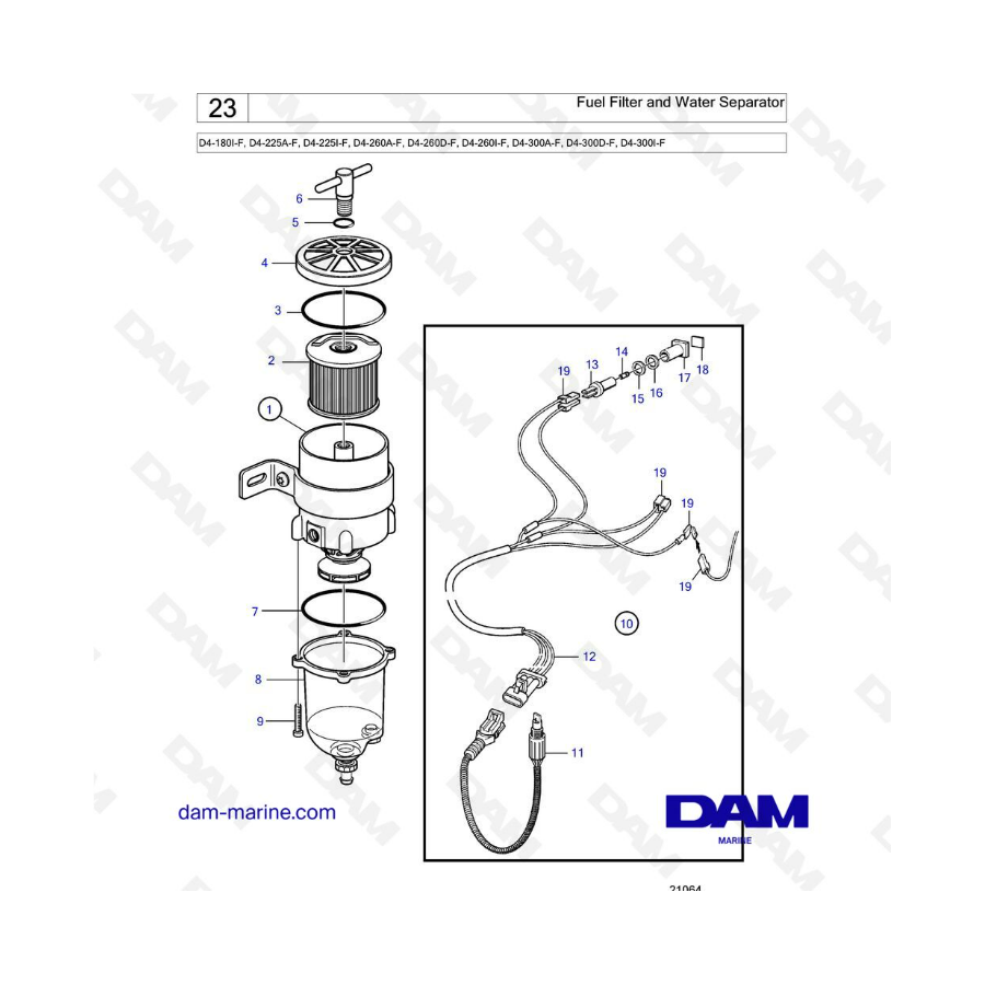 Völvo Penta D4-180 / D4-225 / D4-260 / D4-300 - Filtro de combustible y separador de agua