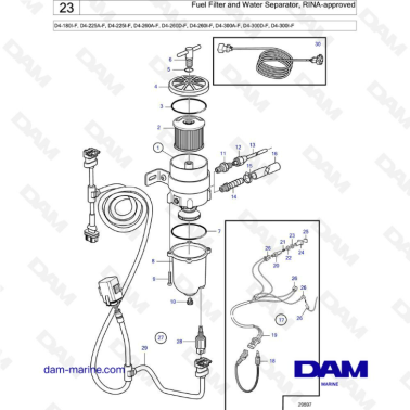 Volvo Penta D4-190 / D4-225 / D4-260 / D4-300 - Fuel filter & water separator, RINA-approved