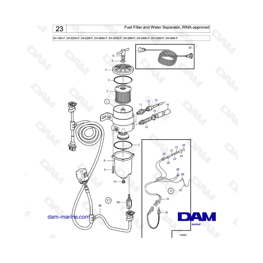 Volvo Penta D4-190 / D4-225 / D4-260 / D4-300 - Filtro de combustible y separador de agua, aprobado por RINA