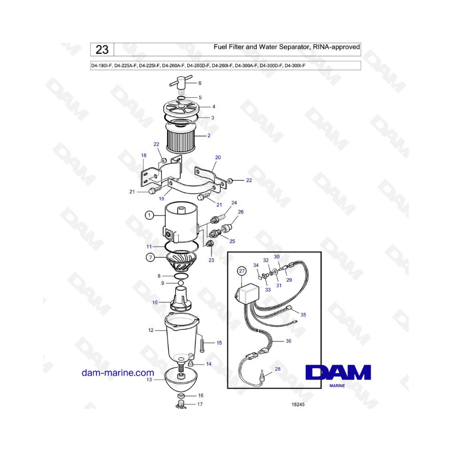 Volvo Penta D4-180 / D4-225 / D4-260 / D4-300 - Filtro de combustible y separador de agua