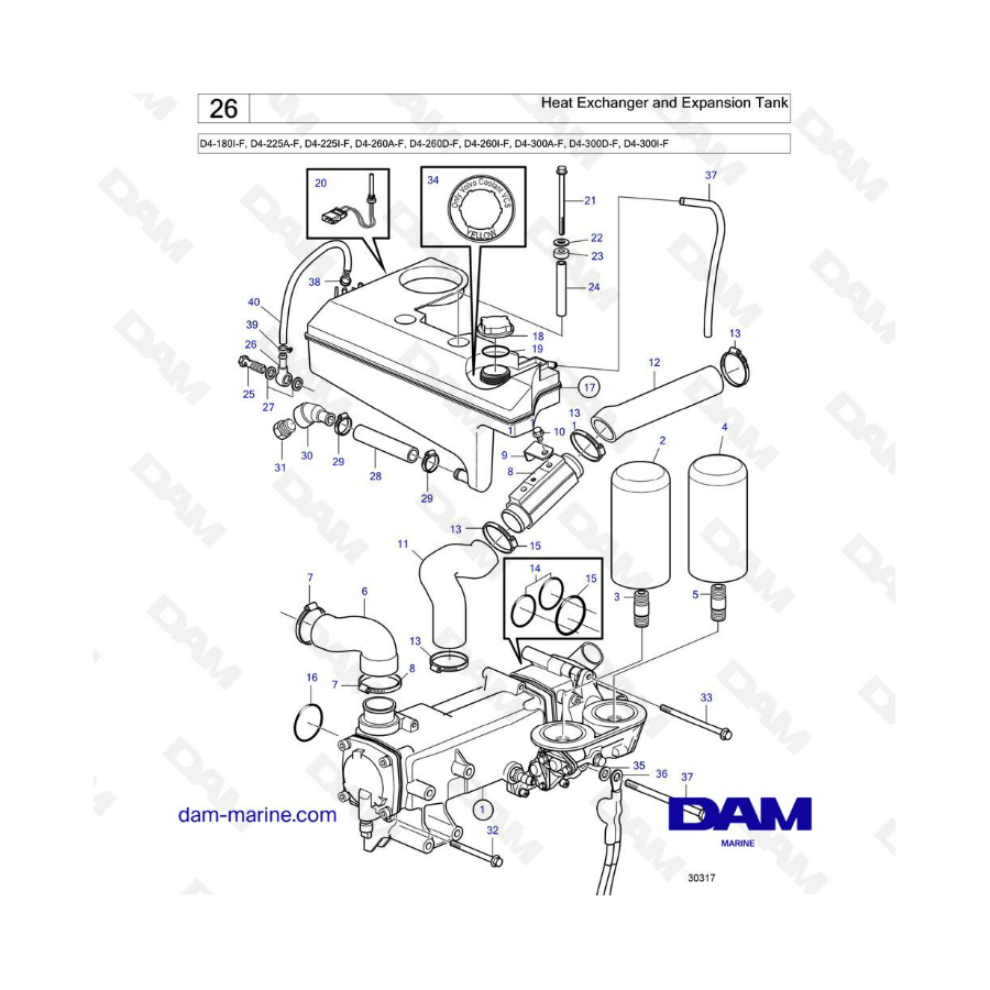 Volvo Penta D4-180 / D4-225 / D4-260 / D4-300 - Heat exchanger & expansion tank