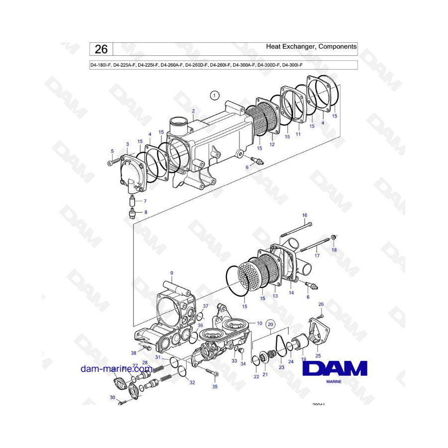Volvo Penta D4-180 / D4-225 / D4-260 / D4-300 - Intercambiador de calor, componentes