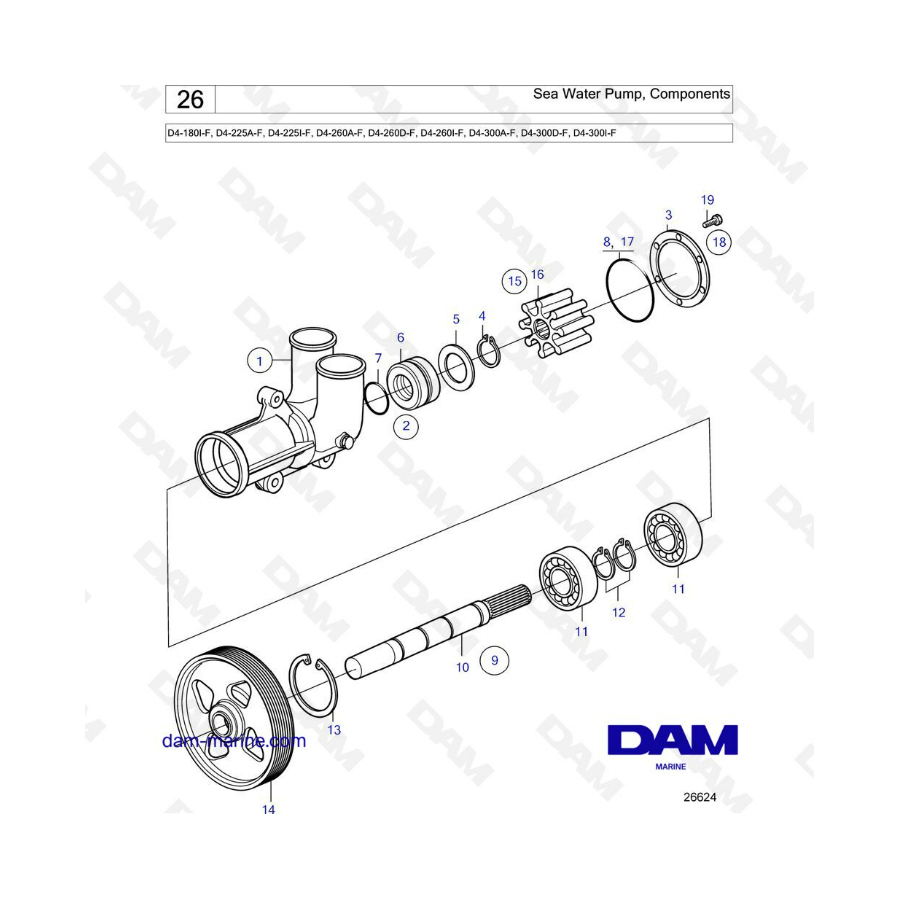 Volvo Penta D4-180 / D4-225 / D4-260 / D4-300 - Sea water pump components