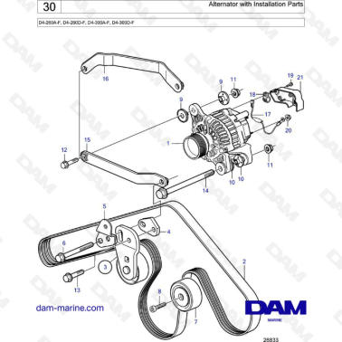 Volvo Penta D4-260A-F, D4-260D-F, D4-300A-F, D4-300D-F - Alternator with installation parts