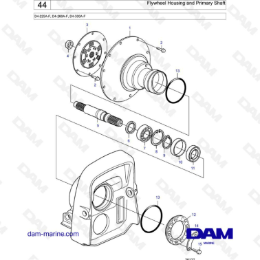 Volvo Penta D4-225A-F, D4-260A-F, D4-300A-F - Flywheel housing and primary shaft