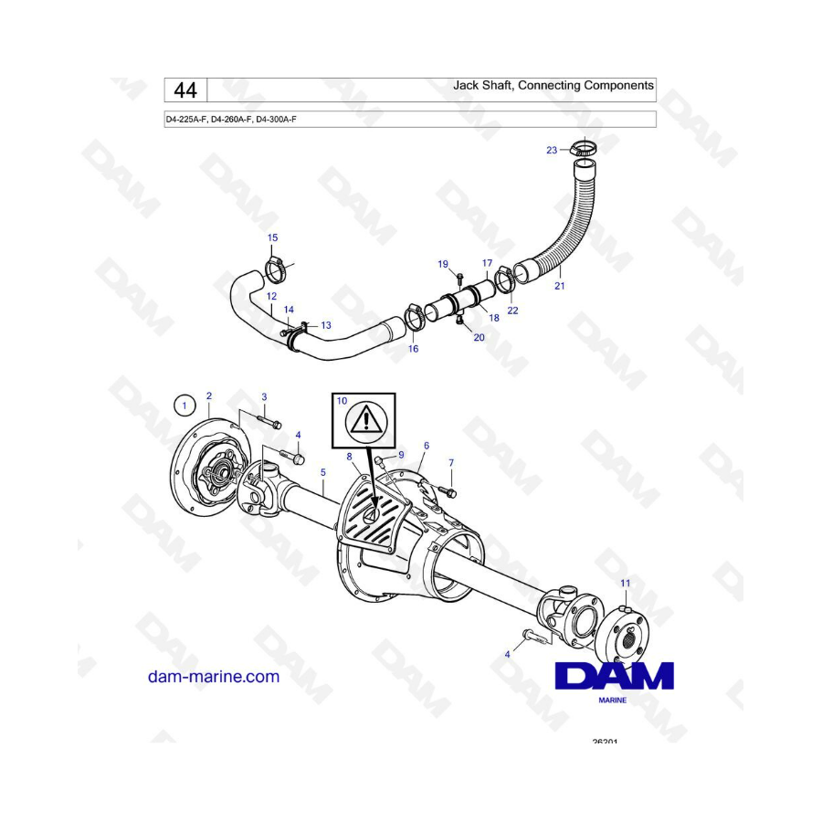 Volvo Penta D4-225A-F, D4-260A-F, D4-300A-F - Eje intermedio, componentes de conexión