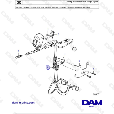 Volvo Penta D3-110I-H / D3-140I-H / D3-150I-H / D3-170I-H / D3-200I-H / D3-220I-H / D3-140A-H - Wiring Harness Glow