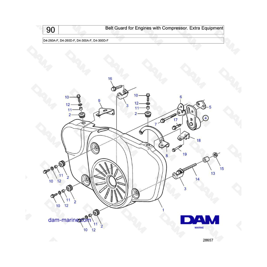 Volvo Penta D4-180 / D4-225 / D4-260 / D4-300 - Protector de correa para motores sin compresor