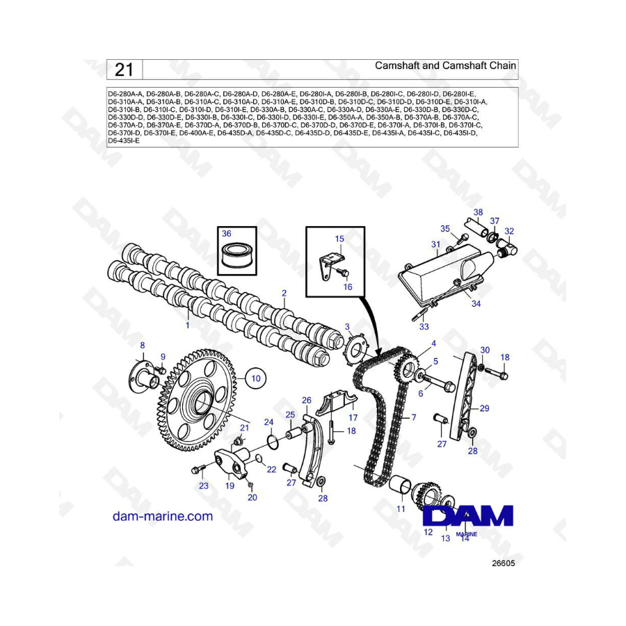 Volvo Penta D6-280 / D6-310 / D6-330 / D6-350 / D6-370 - Árbol de levas y cadena de levas