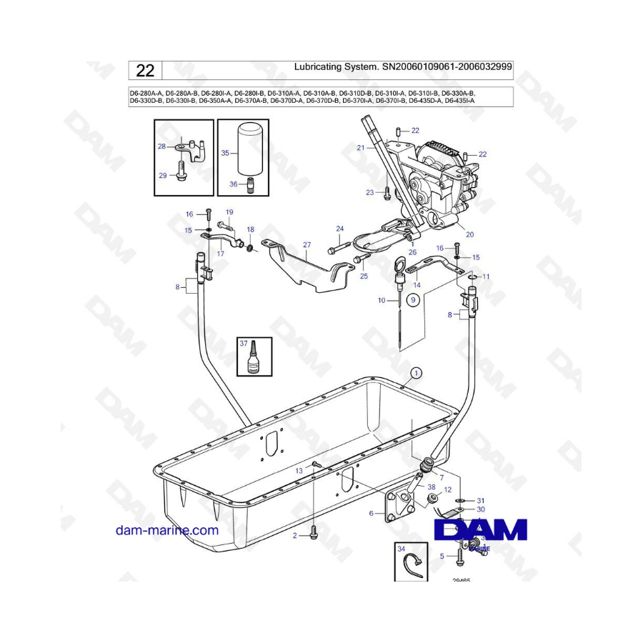 Volvo Penta D6-280 / D6-310 / D6-330 / D6-350 / D6-370 - Sistema de lubricación SN20060109061 