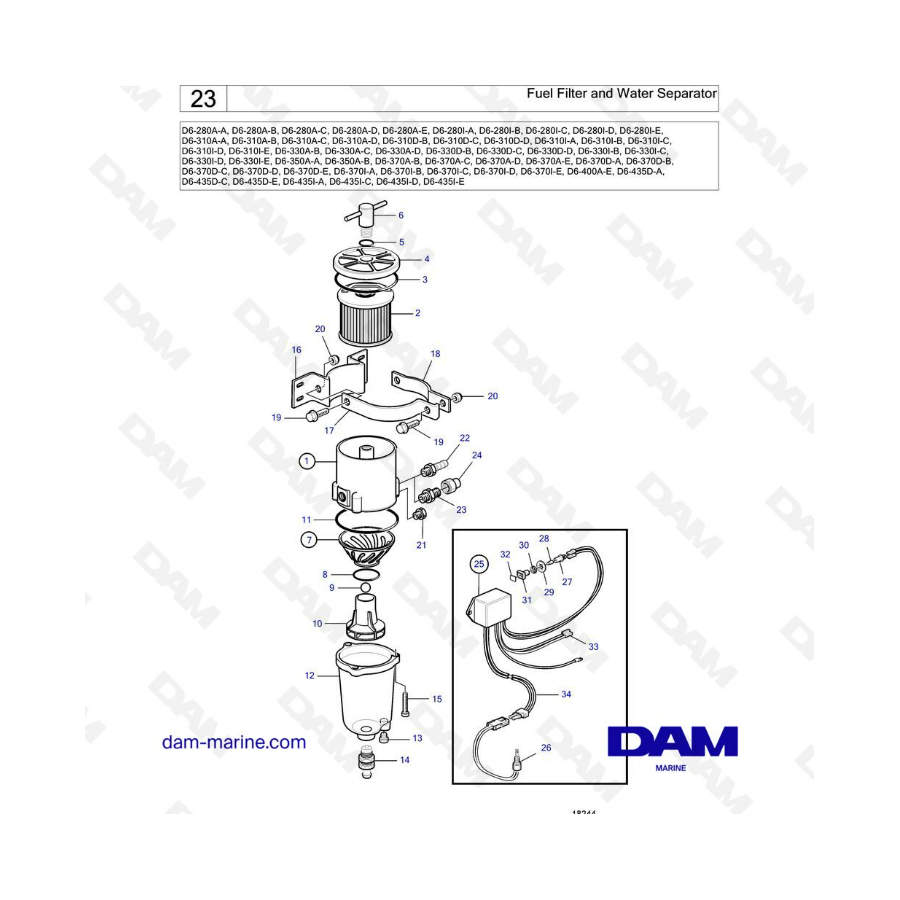 Filtro de combustible y separador de agua para Volvo Penta D6-280 / D6-310 / D6-330 / D6-350 / D6-370 / D6-400 / D6-435