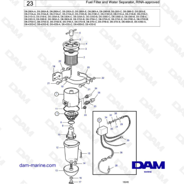 Volvo Penta D6-280 / D6-310 / D6-330 / D6-350 / D6-370 / D6-400 / D6-435 - Fuel filter & water separator, rina-approved