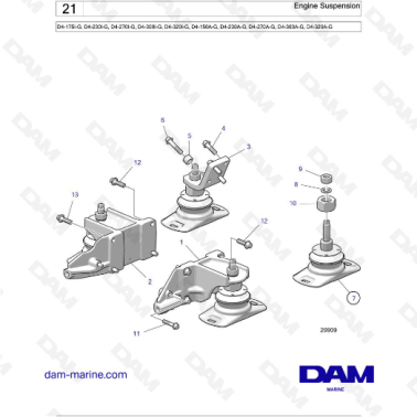 Volvo Penta D4-175I-G / D4-230I-G / D4-270I-G / D4-300I-G / D4-320I-G / D4-150A-G / D4-230A-G / D4-270A-G - Engine Suspension