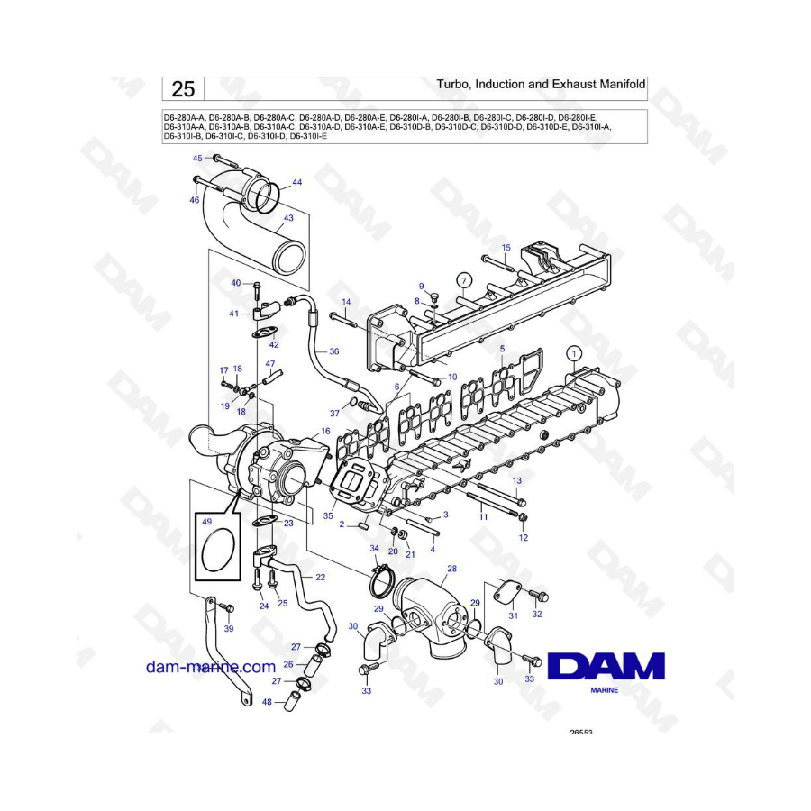 Volvo Penta D6-280 / D6-310 - Turbo, colector de admisión y escape 