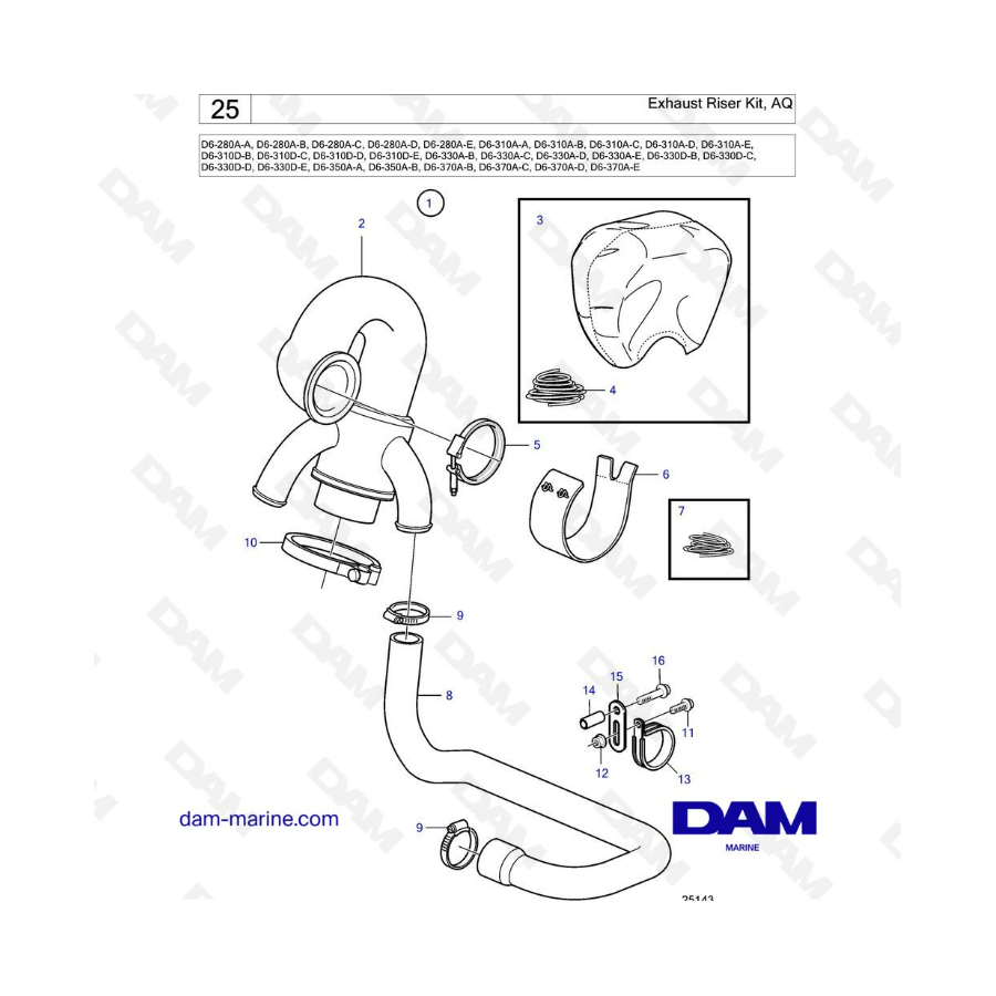 Volvo Penta D6-280 / D6-310 / D6-330 / D6-350 / D6-370 - Kit de tubo de escape, AQ 