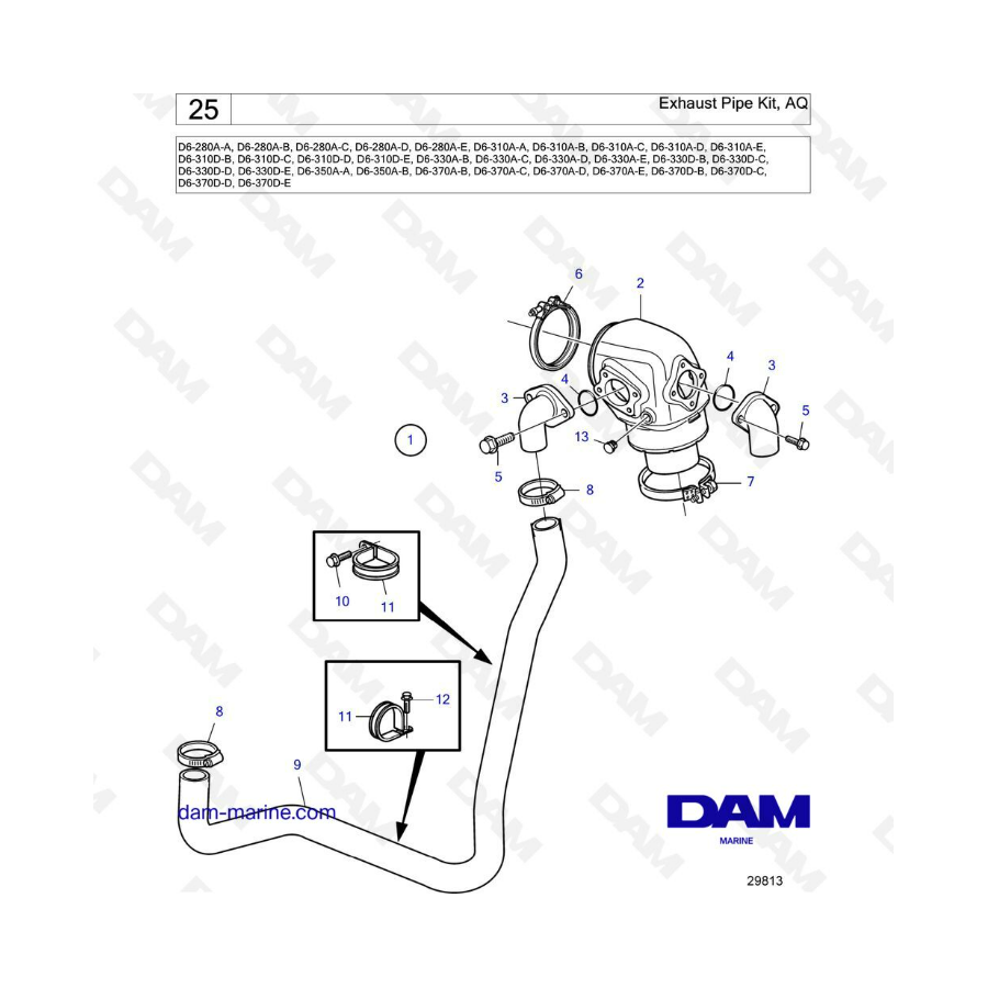 Volvo Penta D6-280 / D6-310 / D6-330 / D6-350 / D6-370 - Exhaust pipe kit, AQ