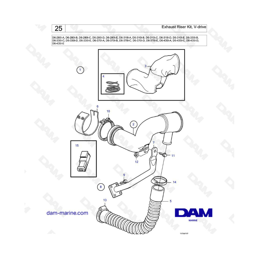 Volvo Penta D6-280 / D6-310 / D6-330 / D6-350 / D6-370 / D6-400 / D6-435 - Kit de tubo de escape vertical, transmisión en V
