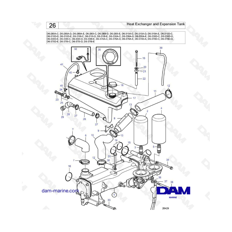 Volvo Penta D6-280 / D6-310 / D6-330 / D6-350 / D6-370 / D6-400 / D6-435 - Intercambiador de calor y depósito de expansión 