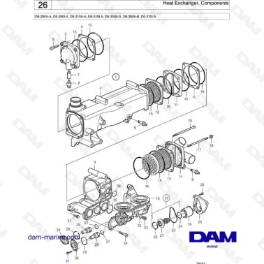Volvo Penta D6-280A-A, D6-280I-A, D6-310A-A, D6-310I-A, D6-350A-A, D6-350A-B, D6-370I-A - Heat exchanger, components