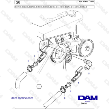 Volvo Penta D4-175I-G / D4-230I-G / D4-270I-G / D4-300I-G / D4-320I-G / D4-150A-G / D4-230A-G / D4-270A-G - Hot Water Outlet
