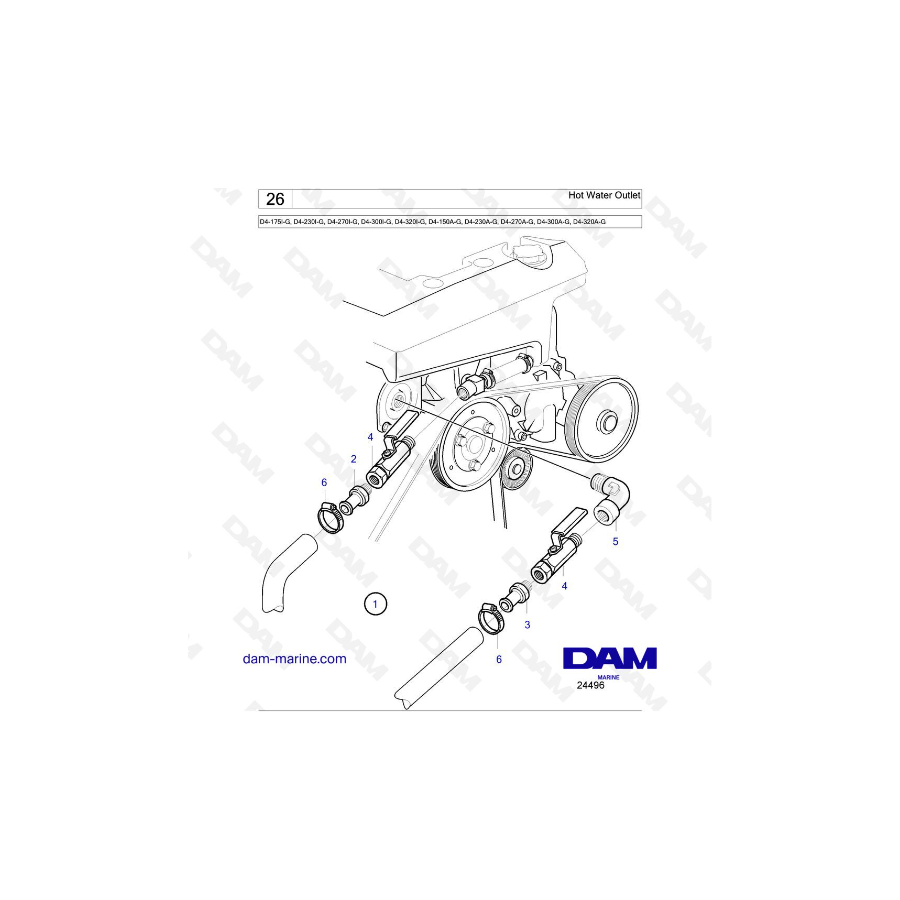 Volvo Penta D4-175I-G / D4-230I-G / D4-270I-G / D4-300I-G / D4-320I-G / D4-150A-G / D4-230A-G / D4-270A-G - Hot Water Outlet Volvo Penta D4-175I-G / D4-230I-G / D4-270I-G / D4-300I-G / D4-320I-G / D4-150A-G / D4-230A-G / D4-270A-G - Hot Water Outlet
