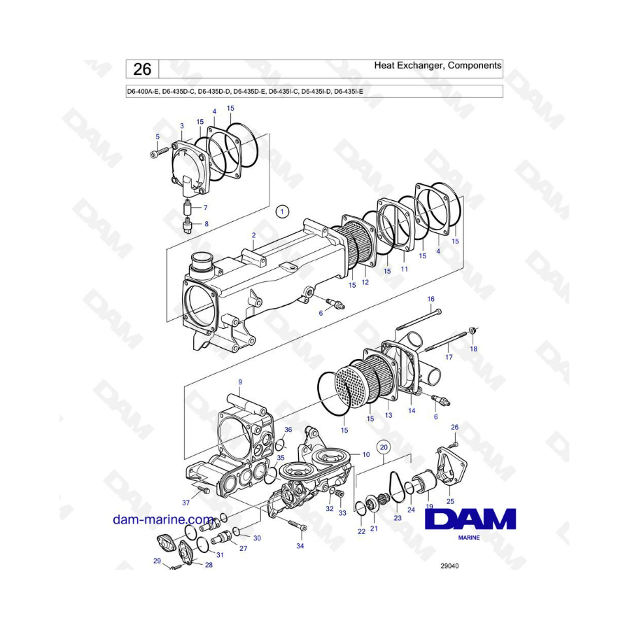 Volvo Penta D6-400A-E / D6-435D-A / D6-435I-A - Intercambiador de calor, componentes