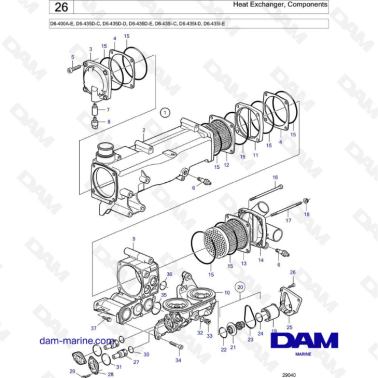 Volvo Penta D6-400A-E, D6-435D-C, D6-435D-D, D6-435D-E, D6-435I-C, D6-435I-D, D6-435I-E - Heat exchanger, components