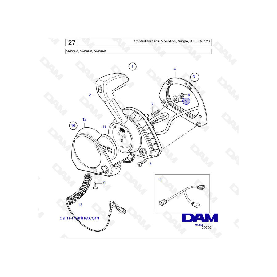 Volvo Penta D4-230A-G / D4-270A-G / D4-300A-G - Control para montaje lateral, individual