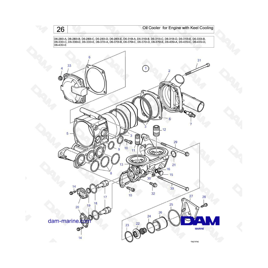 Volvo Penta D6-280 / D6-310 / D6-330 / D6-370 / D6-435 - Enfriador de aceite para motor con refrigeración de quilla 