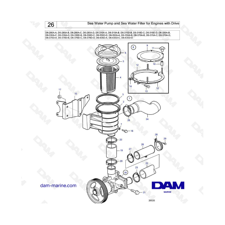 Volvo Penta D6-280 / D6-310 / D6-330 / D6-370 / D6-435 - Bomba de agua de mar y filtro de agua de mar para motores con accionami