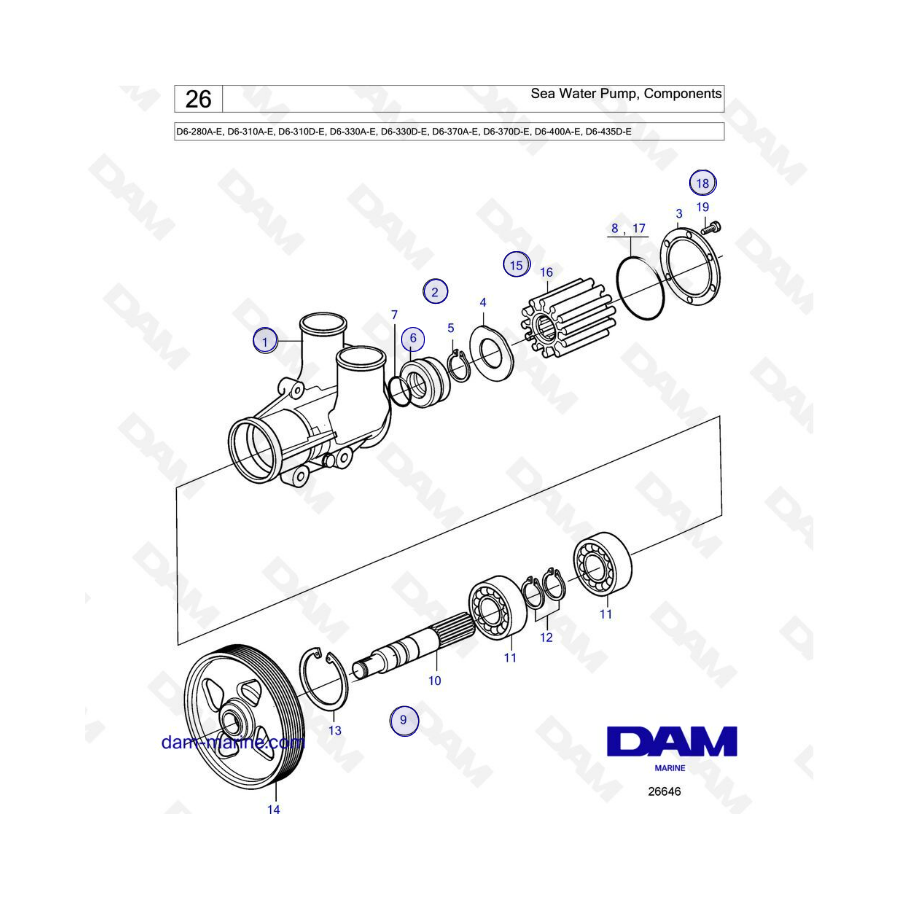 Volvo Penta D6-280 / D6-310 / D6-330 / D6-370 - Sea water pump, components
