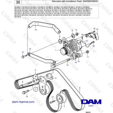 Volvo Penta D6-280 / D6-310 / D6-330 / D6-350 / D6-370 / D6-400 / D6-435 - Alternator with installation parts