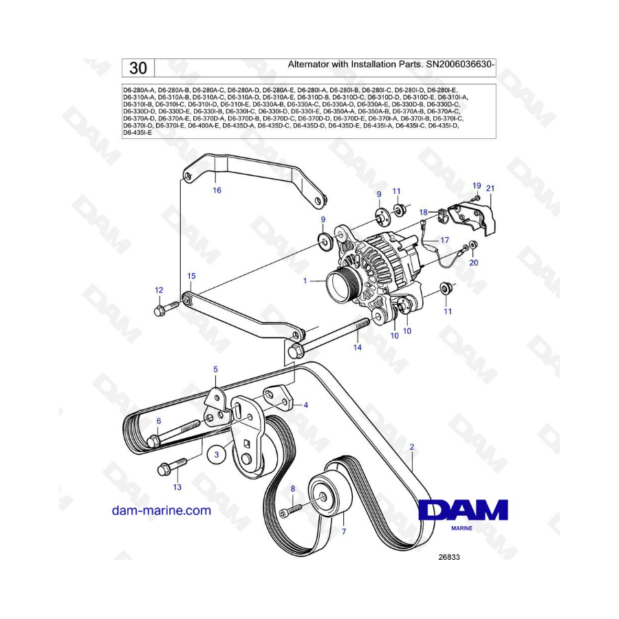 Alternador con piezas de instalación para Volvo Penta D6-280 / D6-310 / D6-330 / D6-350 / D6-370 / D6-400 / D6-435