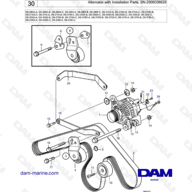 Volvo Penta D6-280 / D6-310 / D6-330 / D6-350 / D6-370 / D6-435 - Alternator with installation parts