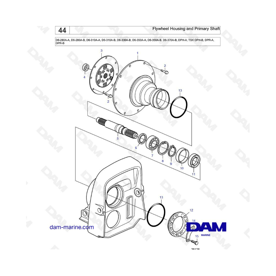 Volvo Penta D6-280 / D6-310 / D6-330 / D6-350 / D6-370 - Carcasa del volante y eje primario