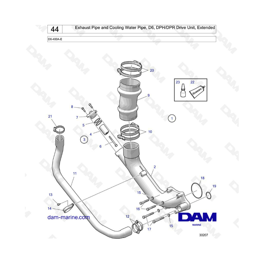 Volvo Penta D6 - Tubo de escape y tubo de agua de refrigeración, D6, unidad de transmisión DPH-DPR