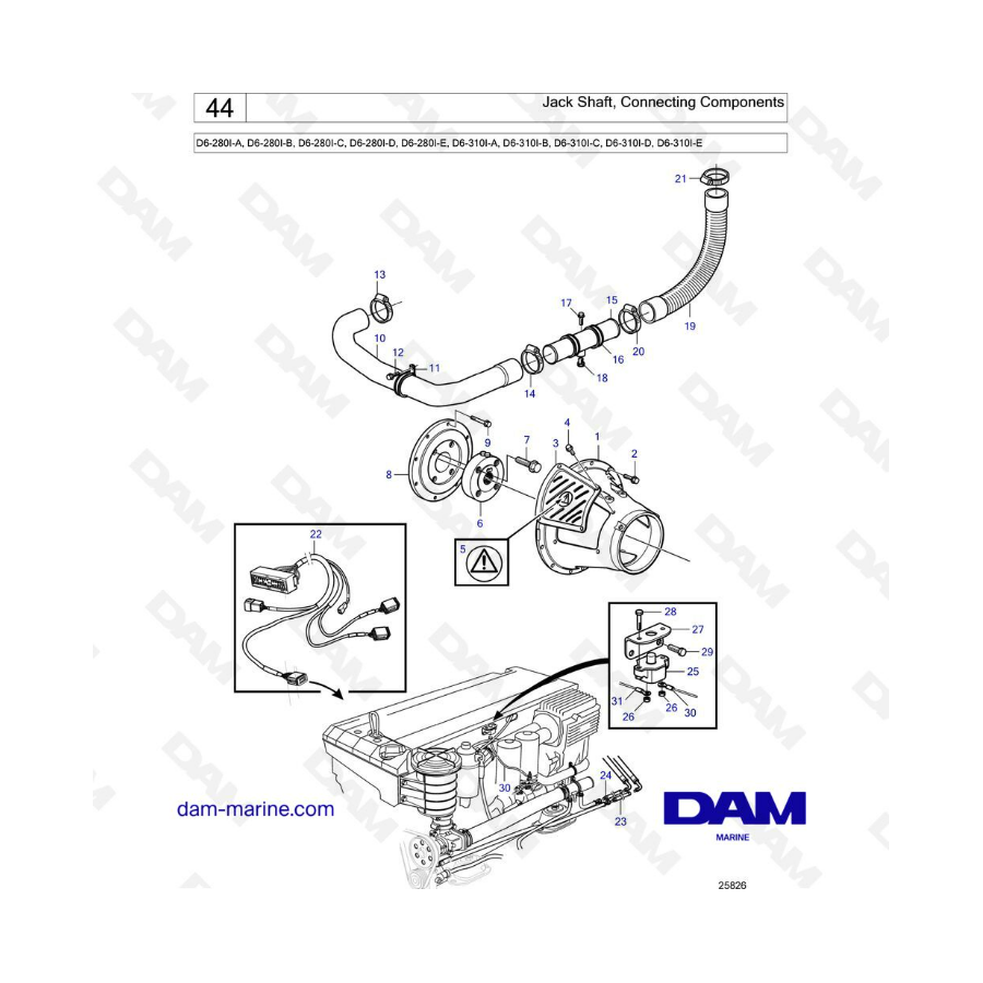Volvo Penta D6-280 / D6-310 - Eje intermedio, componentes de conexión 
