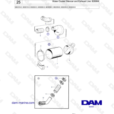 Volvo Penta MD2010-C-D / MD2020-C-D / MD2030-C-D / MD2040-C-D - Water Cooled Silencer and Exhaust Line: 828064