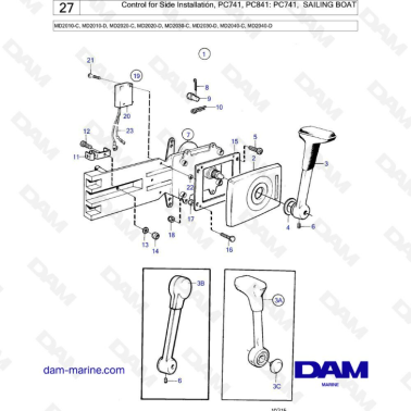 Volvo Penta MD2010-C-D / MD2020-C-D / MD2030-C-D / MD2040-C-D - Control for side installation, PC741, PC841: PC741 Sailing boat