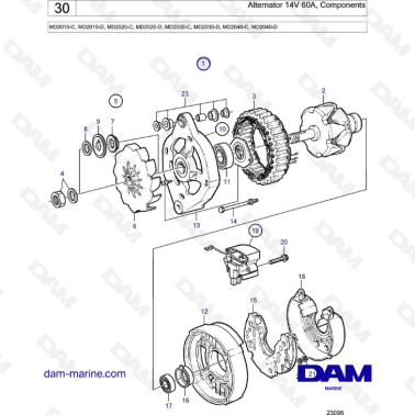 Volvo Penta MD2010-C-D / MD2020-C-D / MD2030-C-D / MD2040-C-D - Alternator 14V, 60A Comp