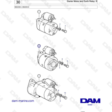 Volvo Penta MD2030-C / MD2030-D - Starter motor & earth relay : B