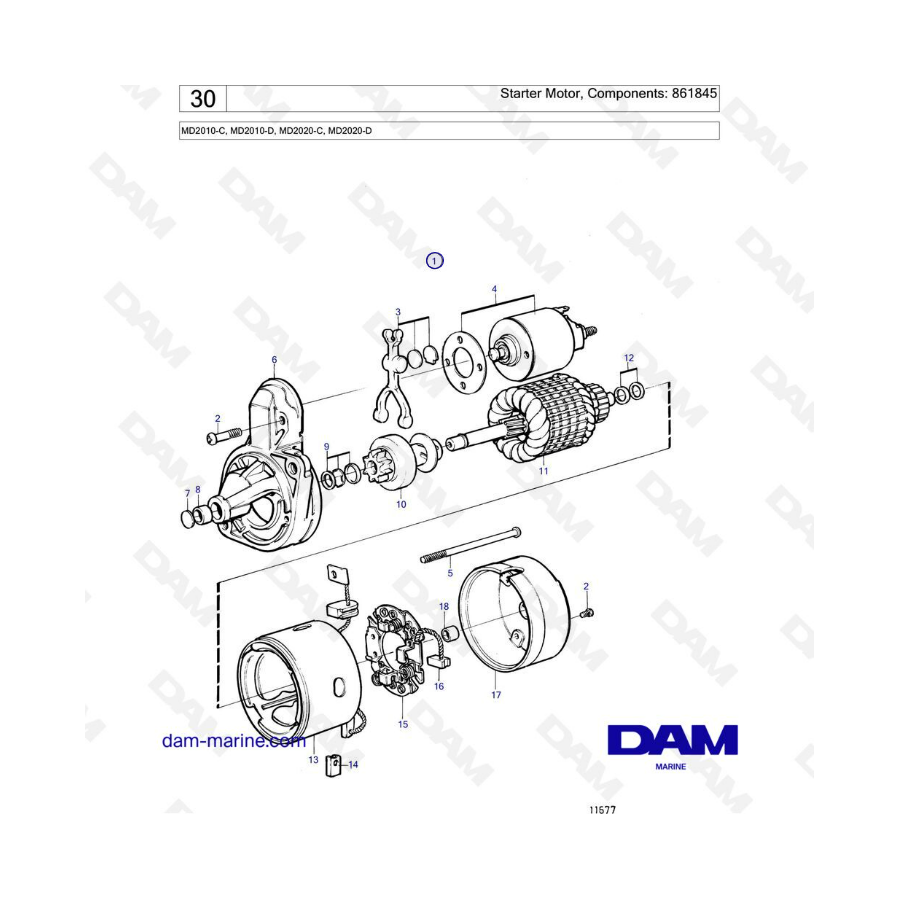 Volvo Penta MD2010-C / MD2010-D / MD2020-C / MD2020-D - Starter motor, components 
