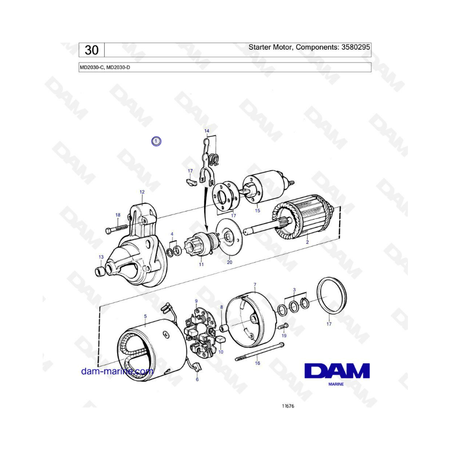 Volvo Penta MD2030-C / MD2030-D - Starter motor components 