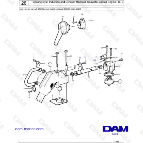 Volvo Penta 2001 / 2002 / 2003 - Cooling Syst, Induction and Exhaust Manifold. Seawater-cooled Engine.: D, D