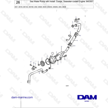 Volvo Penta 2001 / 2002 / 2003 - Sea Water Pump with Install. Comps. Seawater-cooled Engine: 84O557