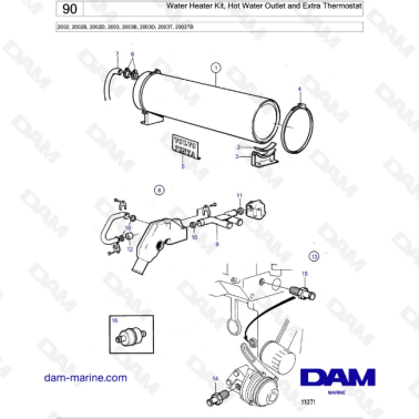 Volvo Penta 2002 / 2003 / 2003T - Water Heater Kit, Hot Water Outlet and Extra Thermostat