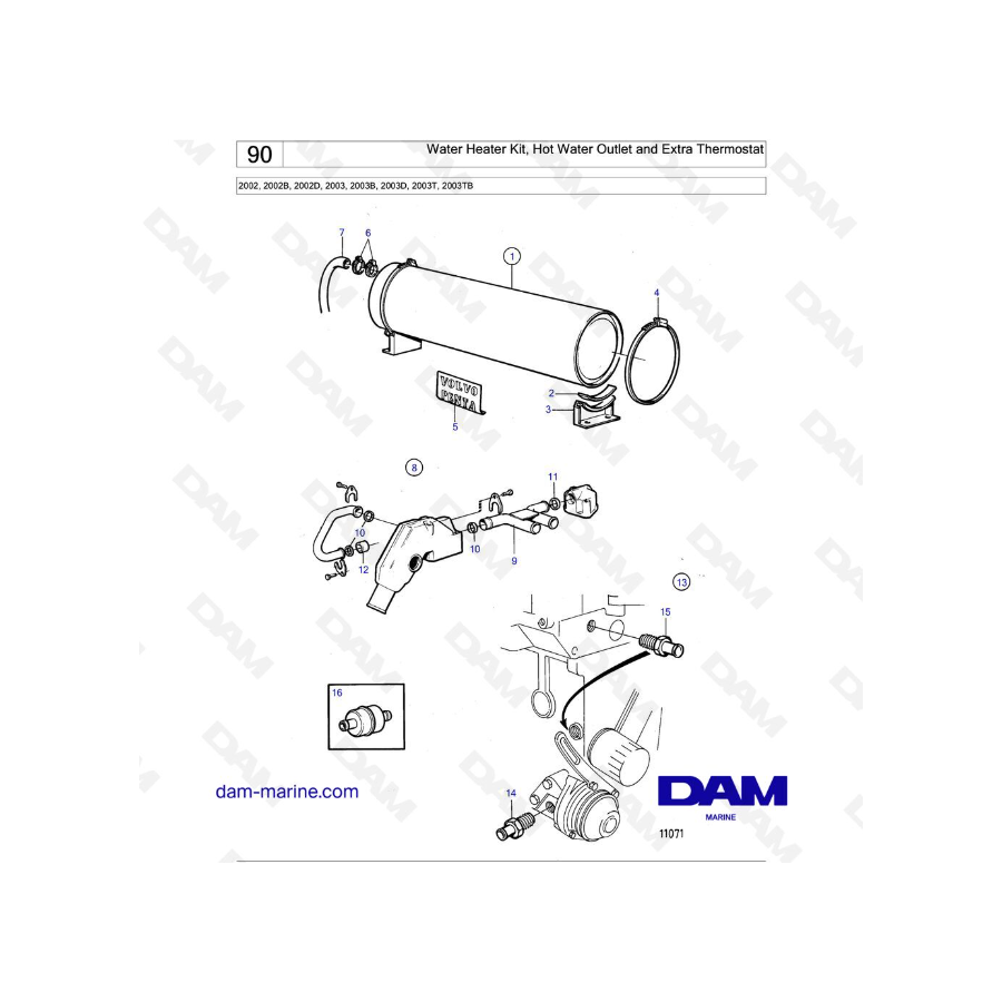 Volvo Penta 2002 / 2003 / 2003T - Water Heater Kit, Hot Water Outlet and Extra Thermostat
