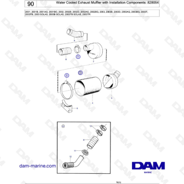 Volvo Penta 2001 / 2002 / 2003 / 2003T - Water Cooled Exhaust Muffler with Installation Components: 828064